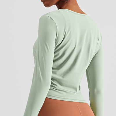Pleated Ladies Long Sleeve Yoga Tops Quick Dry Four Way Stretch Yoga T Shirts