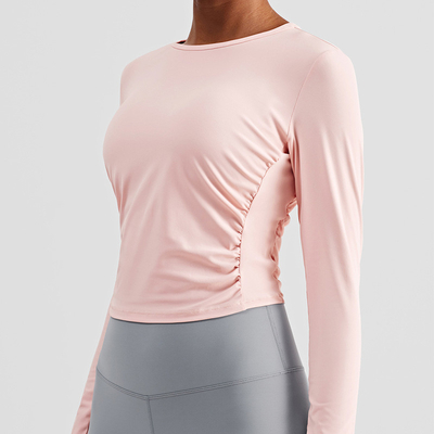 Pleated Ladies Long Sleeve Yoga Tops Quick Dry Four Way Stretch Yoga T Shirts