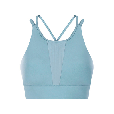 Mesh Stitching Womens Sports Bra Pull Round High Neck Gathered Shockproof