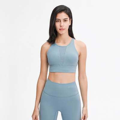 Mesh Stitching Womens Sports Bra Pull Round High Neck Gathered Shockproof