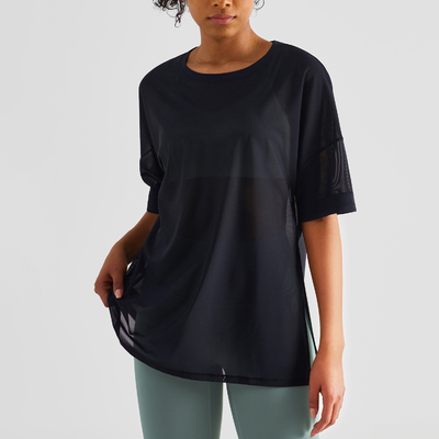 Double Sided Brocade Mesh Stitching Casual Sports Top Fitness Women'S Short Sleeve T - Shirt