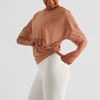 Double Sided Brocade Mesh Stitching Casual Sports Top Fitness Women'S Short Sleeve T - Shirt