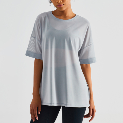 Double Sided Brocade Mesh Stitching Casual Sports Top Fitness Women'S Short Sleeve T - Shirt