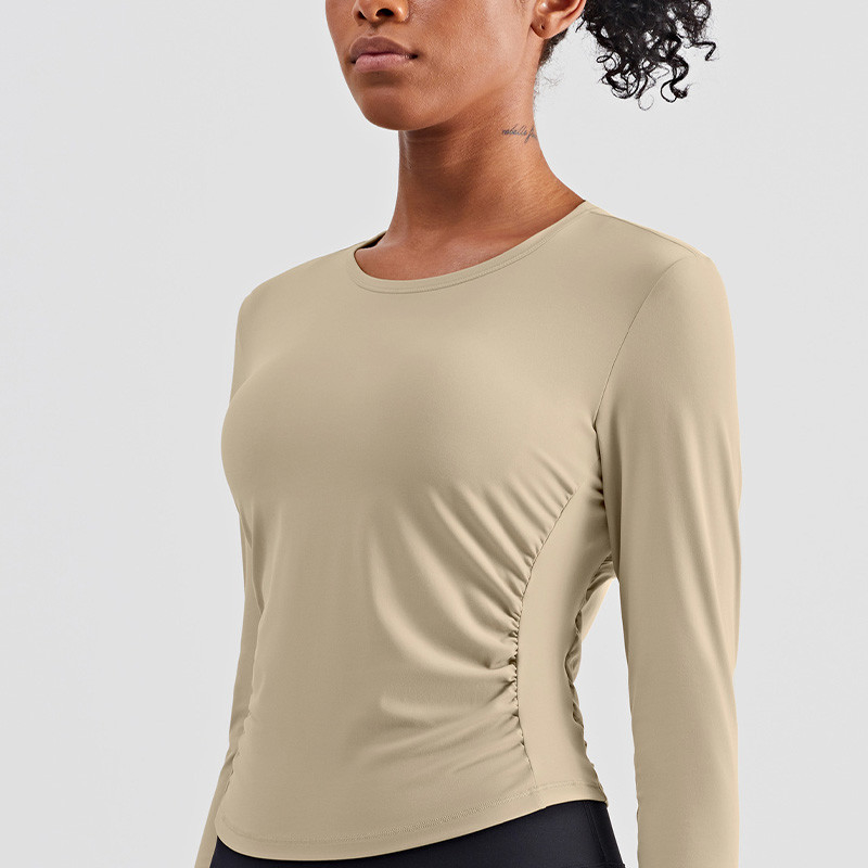 Pleated Ladies Long Sleeve Yoga Tops Quick Dry Four Way Stretch Yoga T Shirts